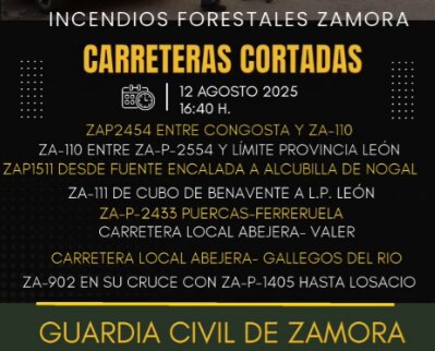 Cortes de carretera en Zamora por los incendios: Estos son los tramos afectados