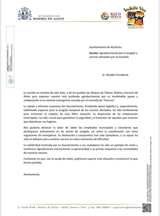 Comunicado Ayuntamiento de Riofrío de Aliste al Ayt. de Alcañices