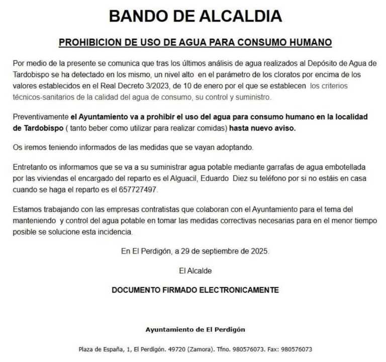 Comunicado prohibición consumo de agua ne Tardobispo