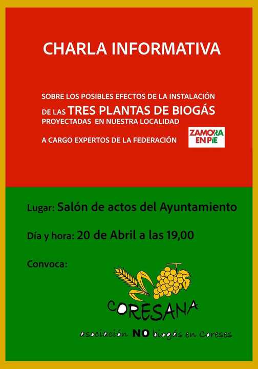 Cartel Charla informativa plantas de biogás en Coreses , organiza Coresesana, no al biogás en Coreses